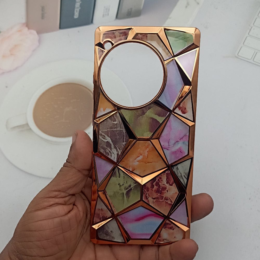 3D Diamond Design Marble Stone Phone Cover for OnePlus 12R 5G Back Case Gold Onezeros.in