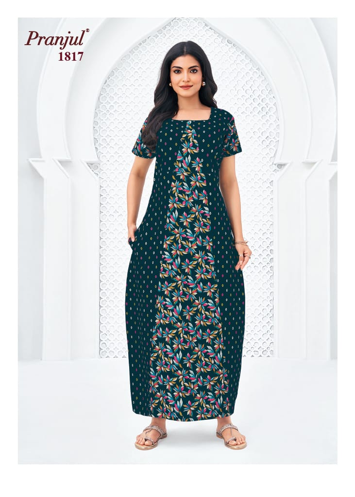 Pranjul Dark Green Color Floral Cotton Nighty XL Onezeros.in