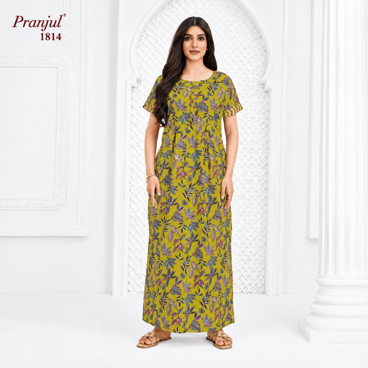 Pranjul Mustard Yellow Color Floral Pattern Cotton Nighty XL Onezeros.in