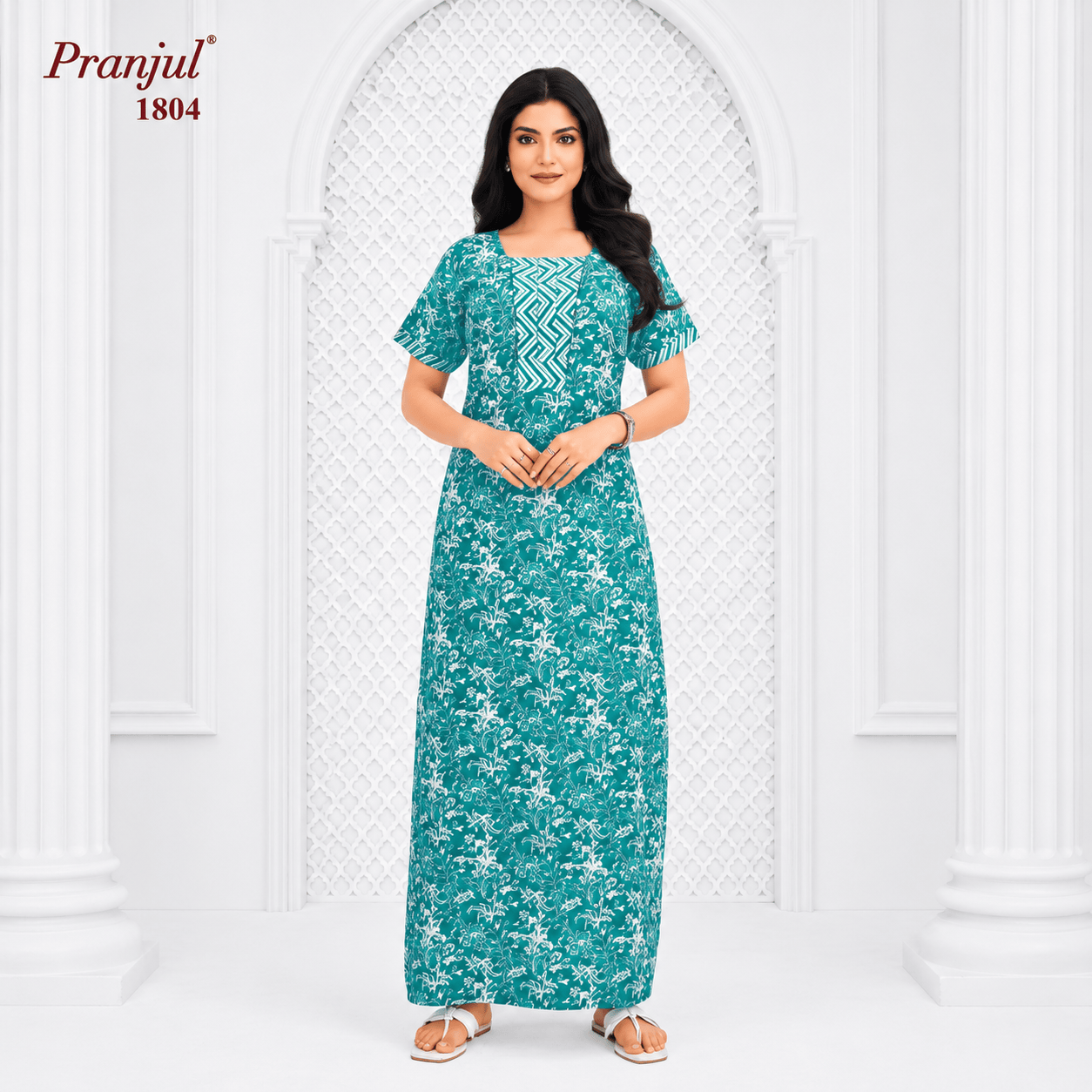 Pranjul Teal Color Floral Print Cotton Nighty XL Onezeros.in