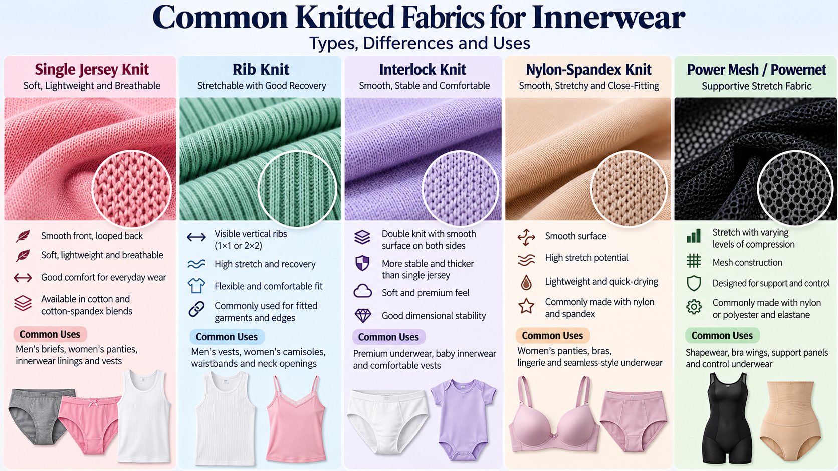 Types of knitted fabrics used in men's and women's innerwear manufacturing