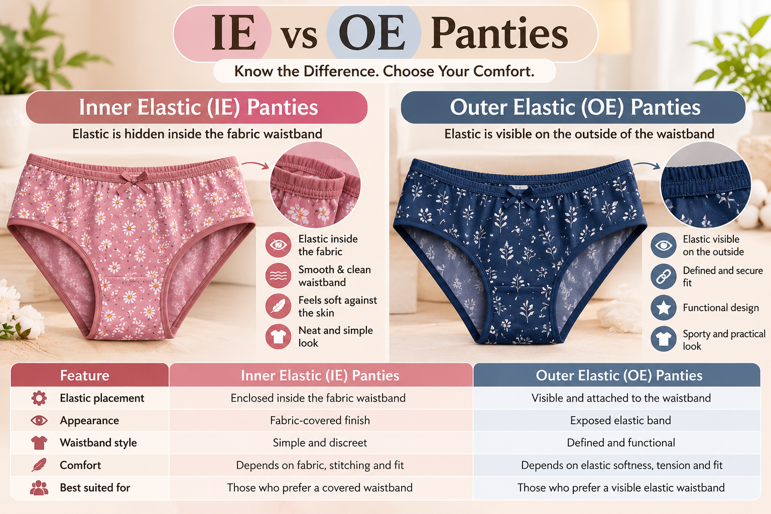 IE vs OE panties comparison showing inner elastic and outer elastic waistband styles