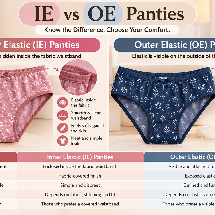 IE vs OE panties comparison showing inner elastic and outer elastic waistband styles