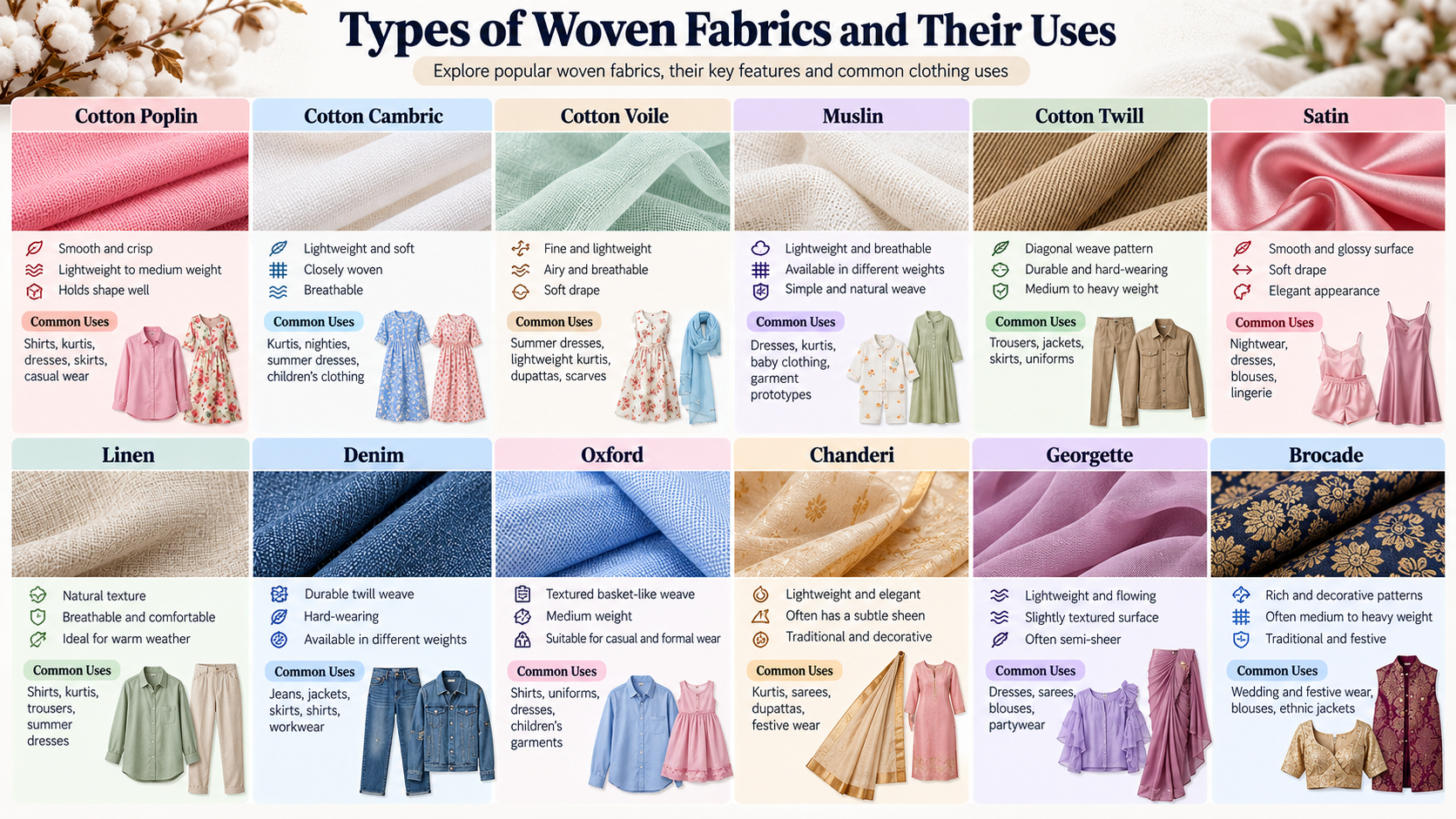 Types of woven fabrics including cotton poplin, cambric, voile, twill, satin and Chanderi