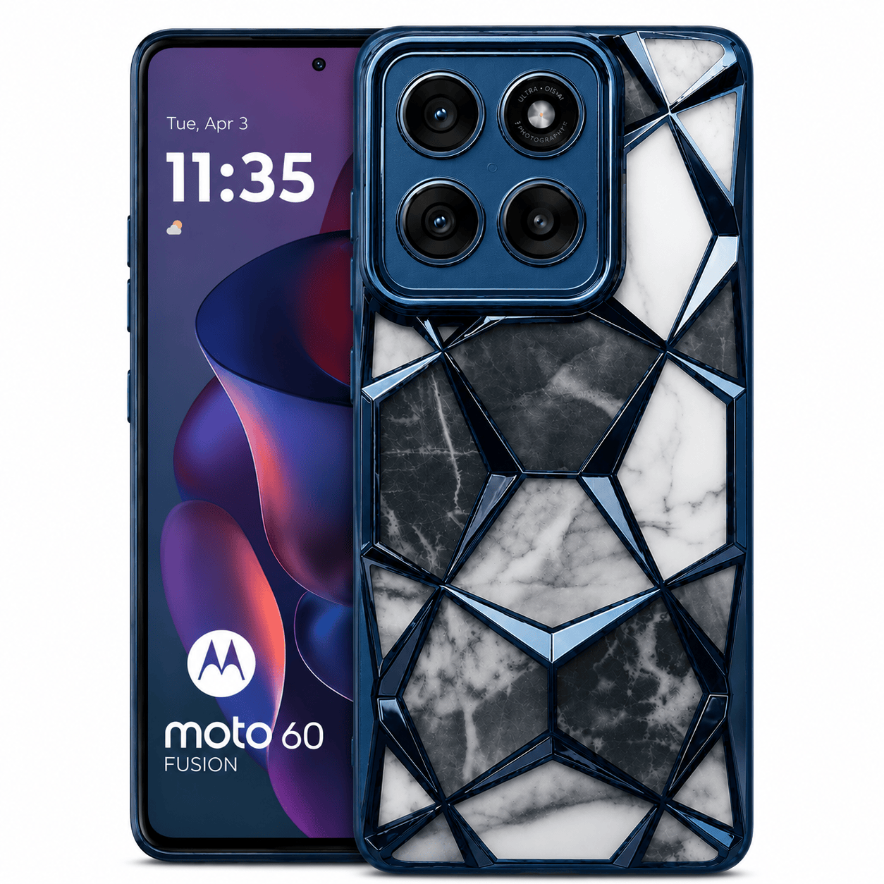 3D Diamond Design Marble Stone Phone Cover for Moto Edge 60 Fusion Back Case Black Onezeros.in
