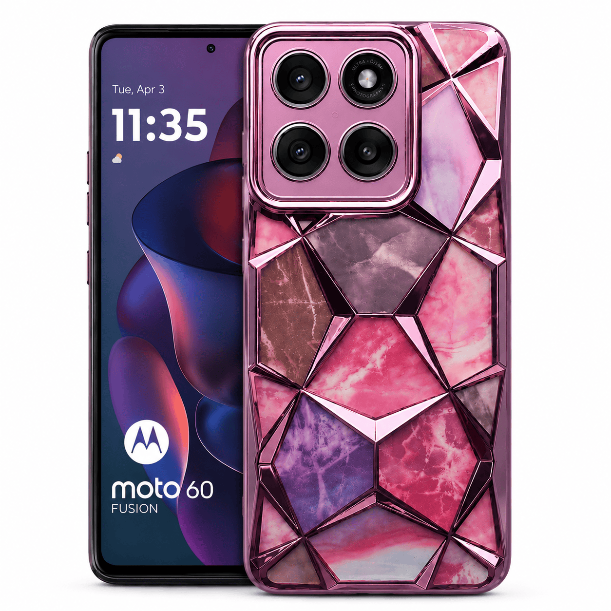 3D Diamond Design Marble Stone Phone Cover for Moto Edge 60 Fusion Back Case Pink Onezeros.in