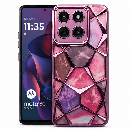 3D Diamond Design Marble Stone Phone Cover for Moto Edge 60 Fusion Back Case Pink Onezeros.in
