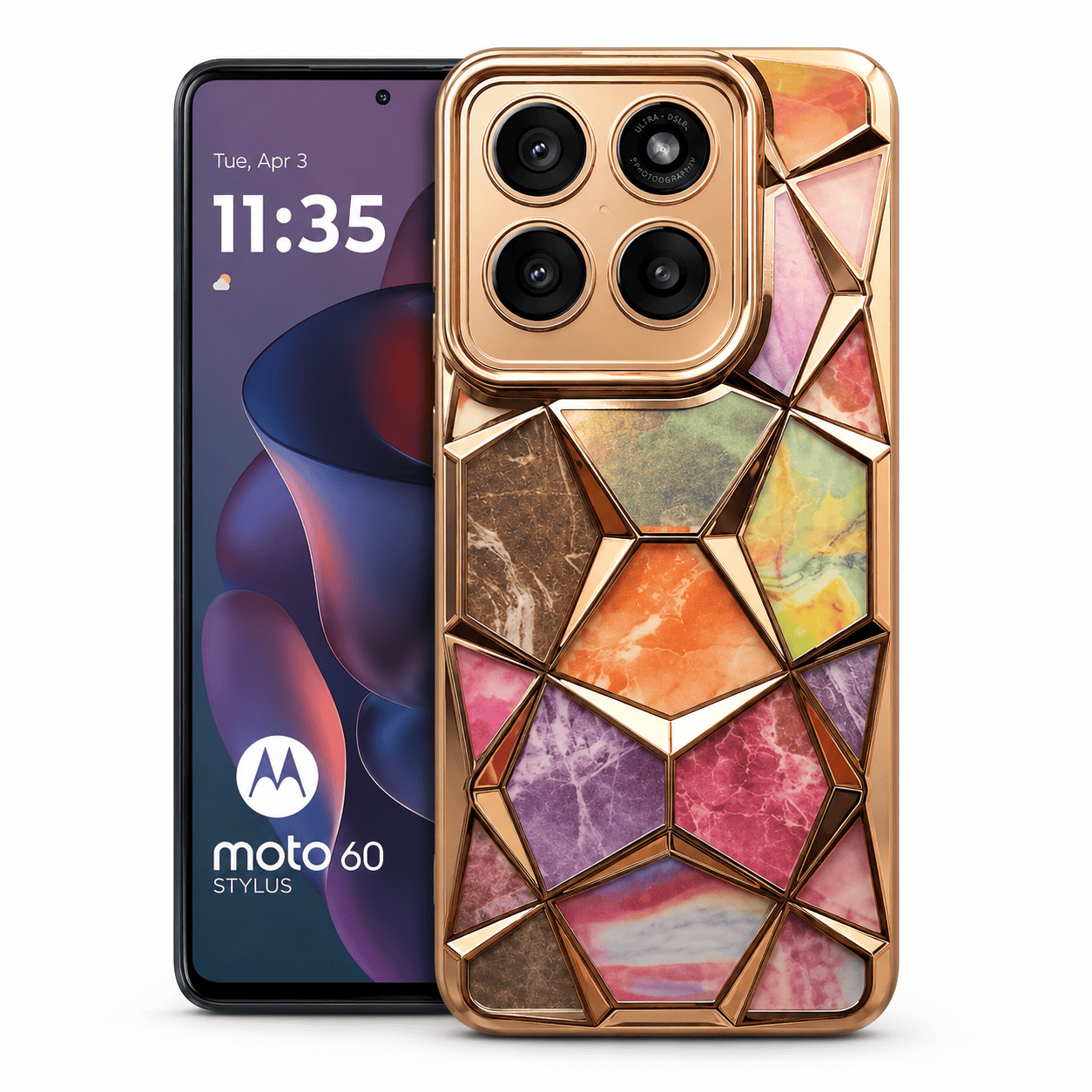 3D Diamond Design Marble Stone Phone Cover for Moto Edge 60 Stylus Back Case Gold Onezeros.in