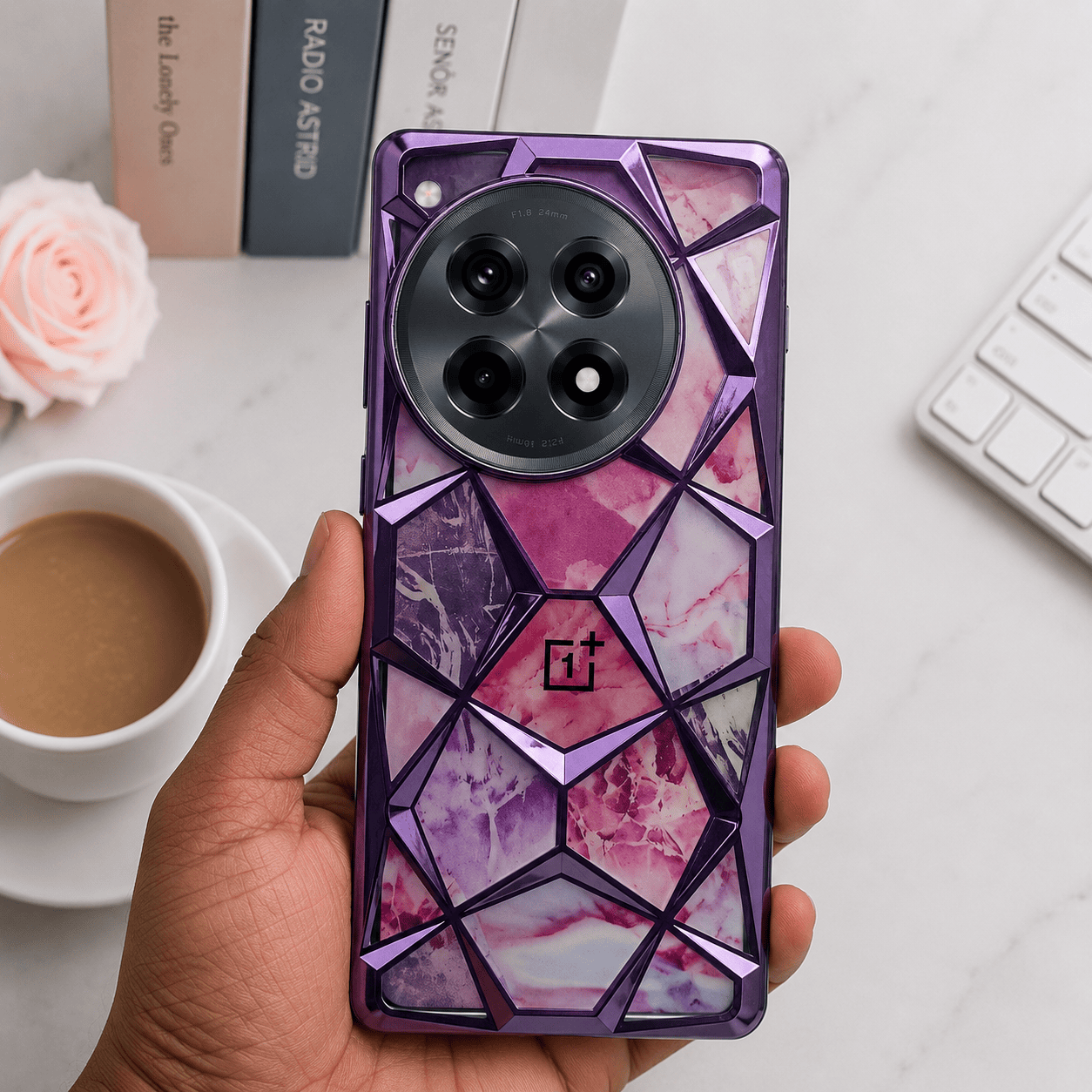 3D Diamond Design Marble Stone Phone Cover for OnePlus 12R 5G Back Case Purple Onezeros.in