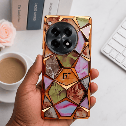 3D Diamond Design Marble Stone Phone Cover for OnePlus 12R 5G Back Case Gold Onezeros.in