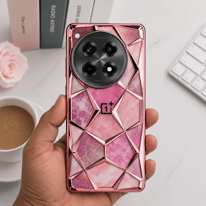 3D Diamond Design Marble Stone Phone Cover for OnePlus 12R 5G Back Case Pink Onezeros.in