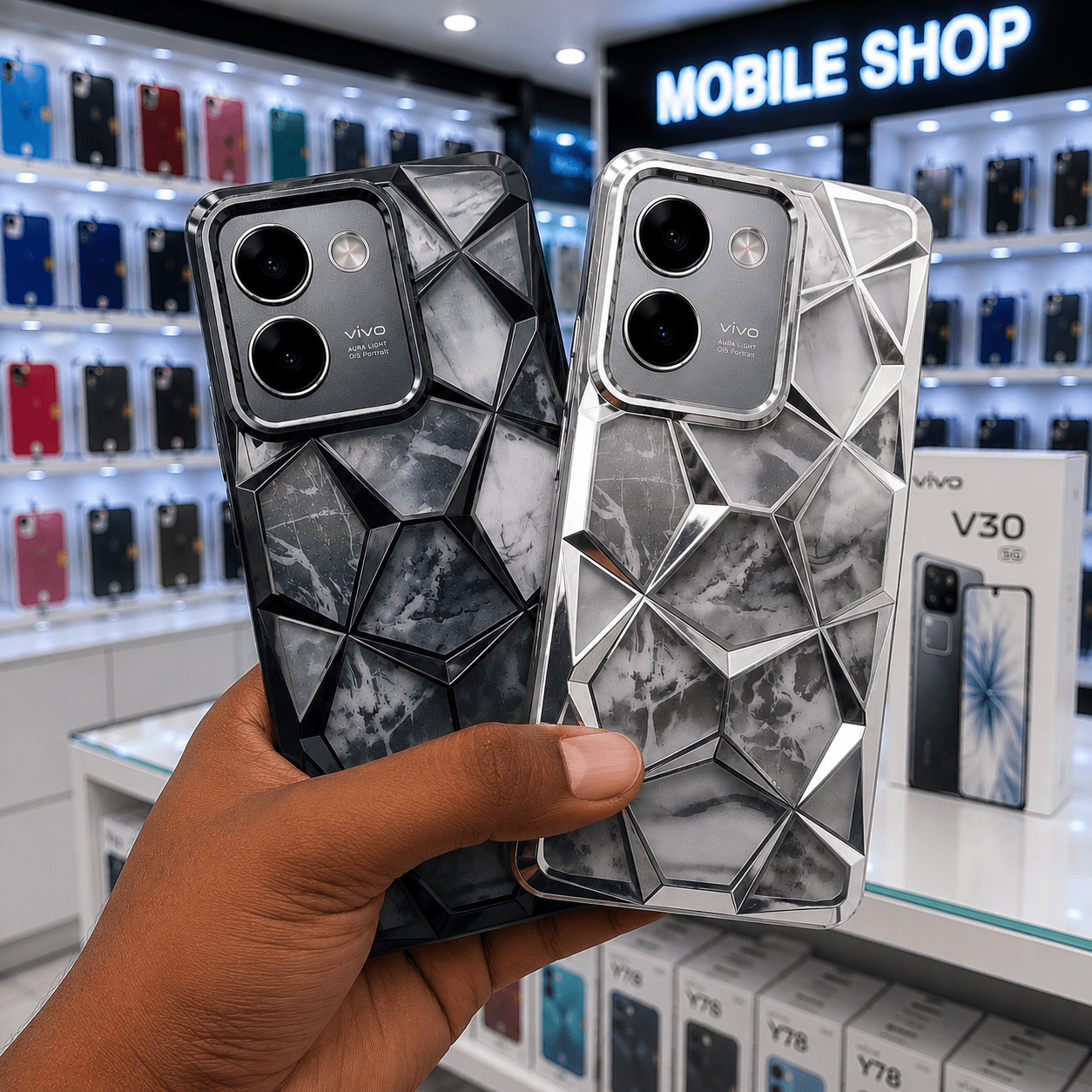3D Diamond Design Marble Stone Phone Cover for Vivo V30/V30 Pro Back Case Blue Onezeros.in
