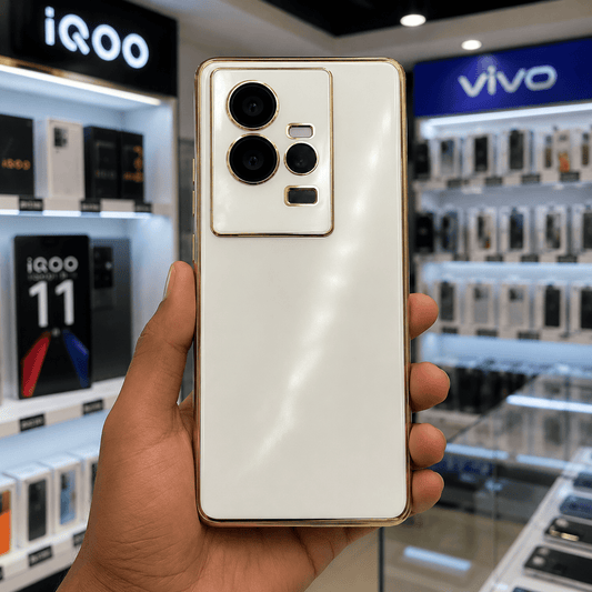 6D Golden Edge Chrome Back Cover For iQOO 11 5G Phone Case White Onezeros.in