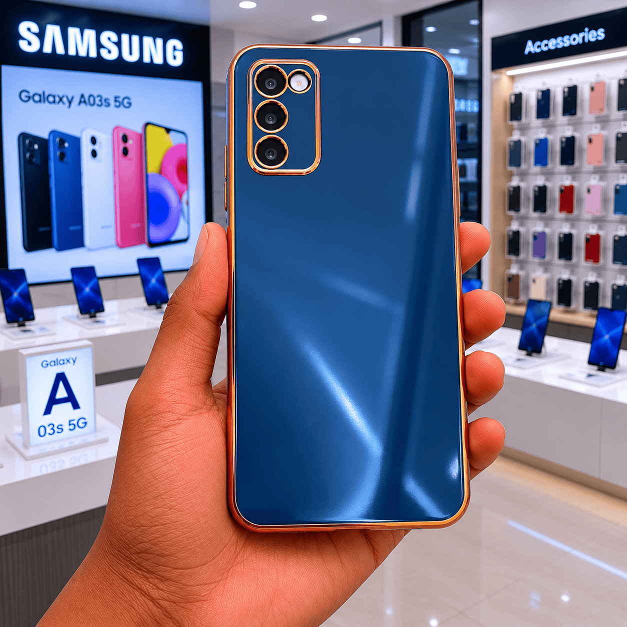 6D Golden Edge Chrome Back Cover For Samsung A03s Phone Case Royal Blue Onezeros.in