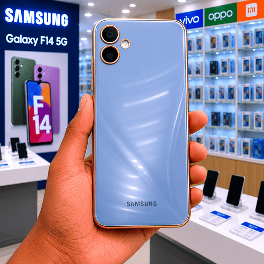 6D Golden Edge Chrome Back Cover For Samsung F14 5G Phone Case Sky Blue Onezeros.in