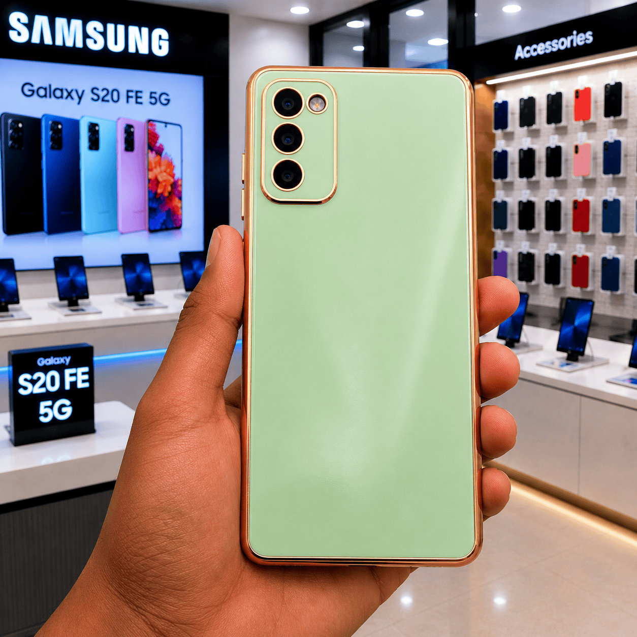 6D Golden Edge Chrome Back Cover For Samsung S20 FE 5G Phone Case Mint Green Onezeros.in