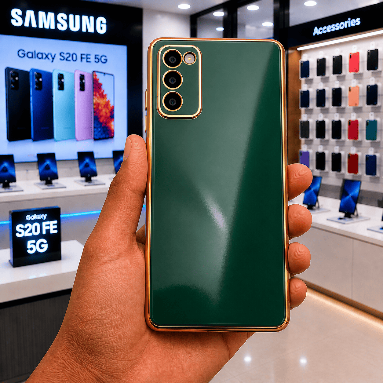 6D Golden Edge Chrome Back Cover For Samsung S20 FE 5G Phone Case Dark Green Onezeros.in