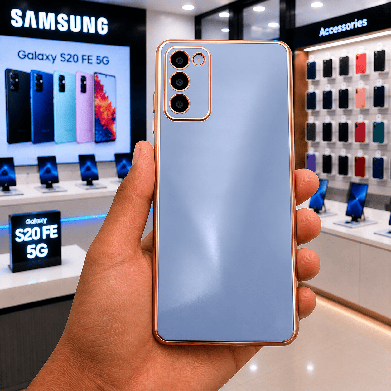 6D Golden Edge Chrome Back Cover For Samsung S20 FE 5G Phone Case Sky Blue Onezeros.in