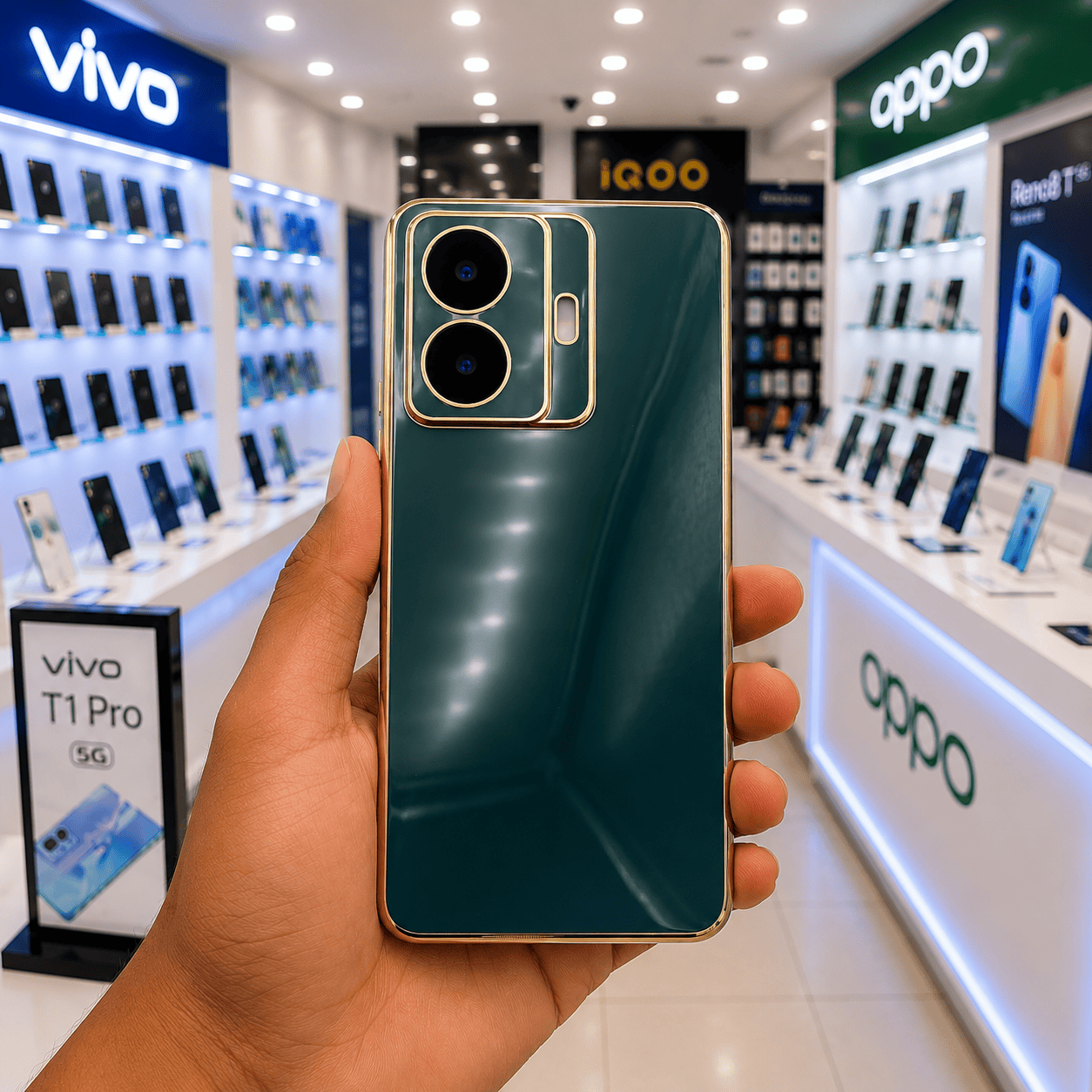 6D Golden Edge Chrome Back Cover For Vivo T1 Pro 5G Phone Case Dark Green Onezeros.in