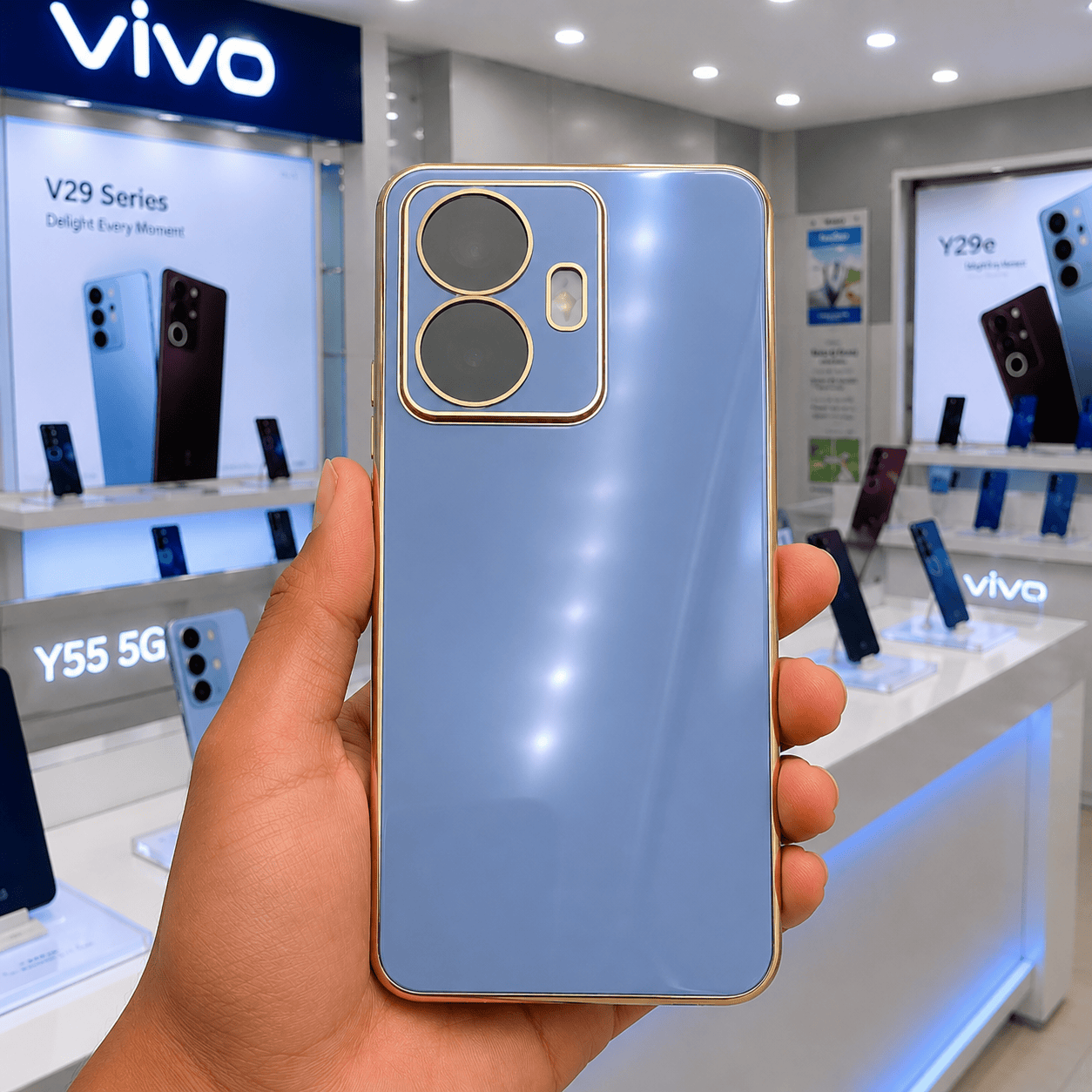 6D Golden Edge Chrome Back Cover For Vivo Y55 Phone Case Sky Blue Onezeros.in