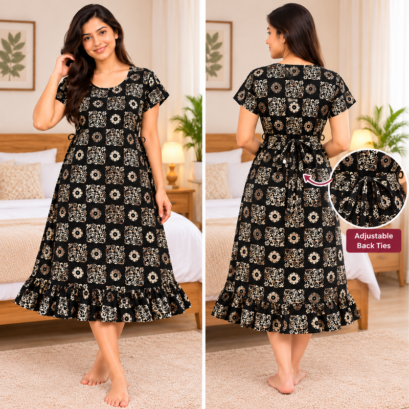 Luxmi Black Floral Printed Cotton Frock Nighty for Women