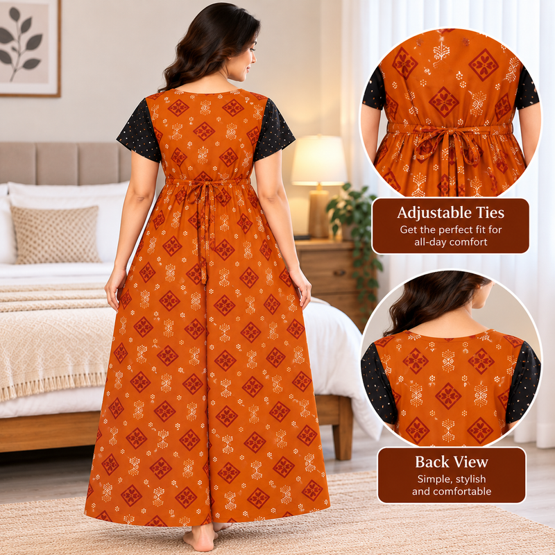 Yoga Cotton Full Open Nighty for Women – Rust Orange Printed