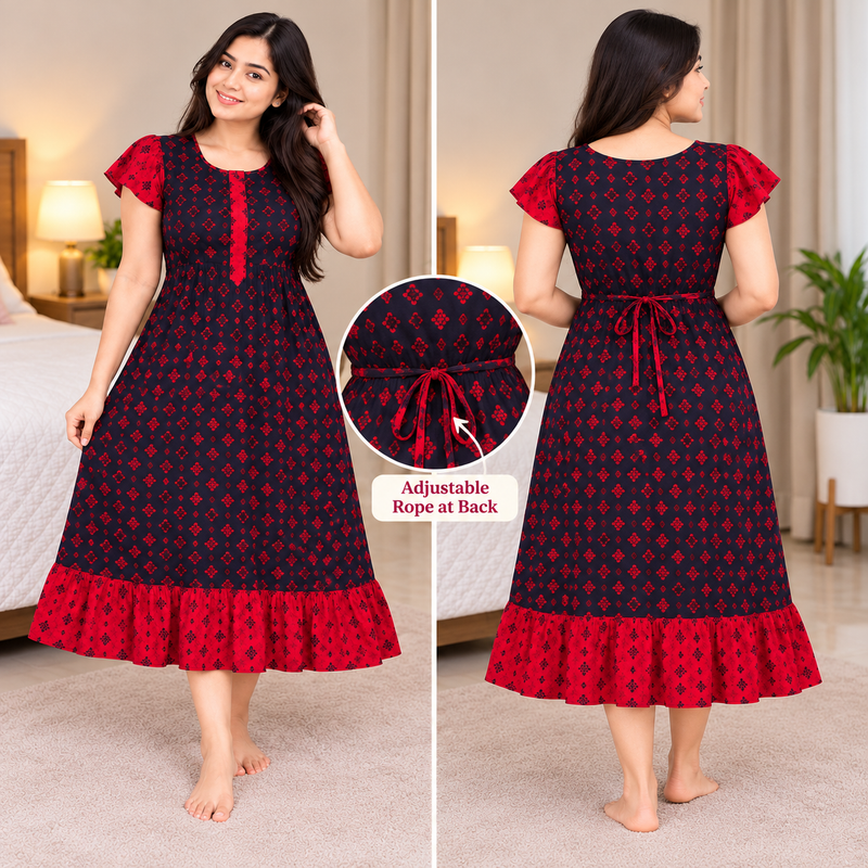 Luxmi Red & Navy Floral Printed Frock Nighty with Adjustable Back Rope