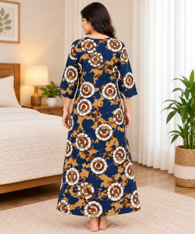 Yoga Women's 3/4 Sleeve Cotton Nighty – Navy Blue Printed Nightgown