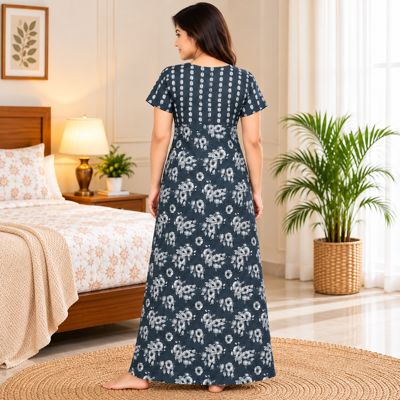 Pranjul 1808 charcoal blue floral printed cotton nighty BACK view