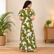 Mathan olive green and white floral printed cotton nighty for women with front zip and one side pocket