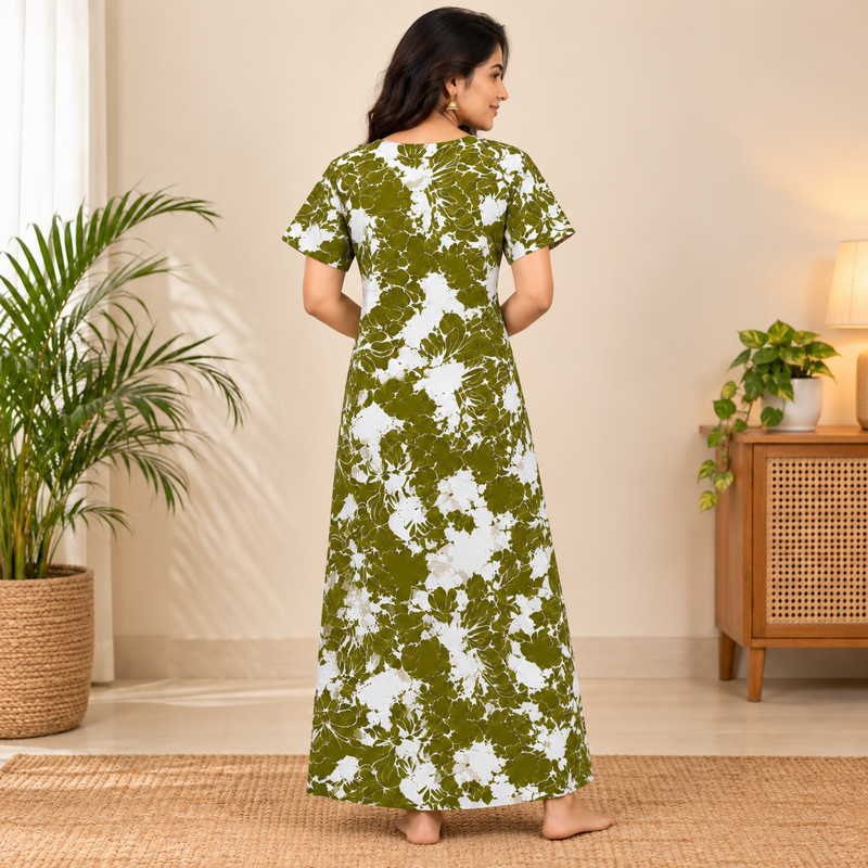 Mathan olive green and white floral printed cotton nighty for women with front zip and one side pocket