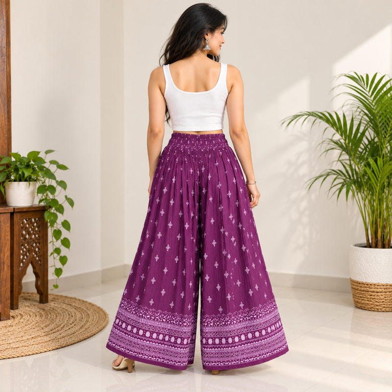 Plum-purple wide-leg palazzo pants with white ethnic border print – back view