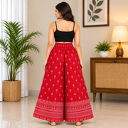 Women's Red Printed Palazzo Pants with Elastic Waistband- back view