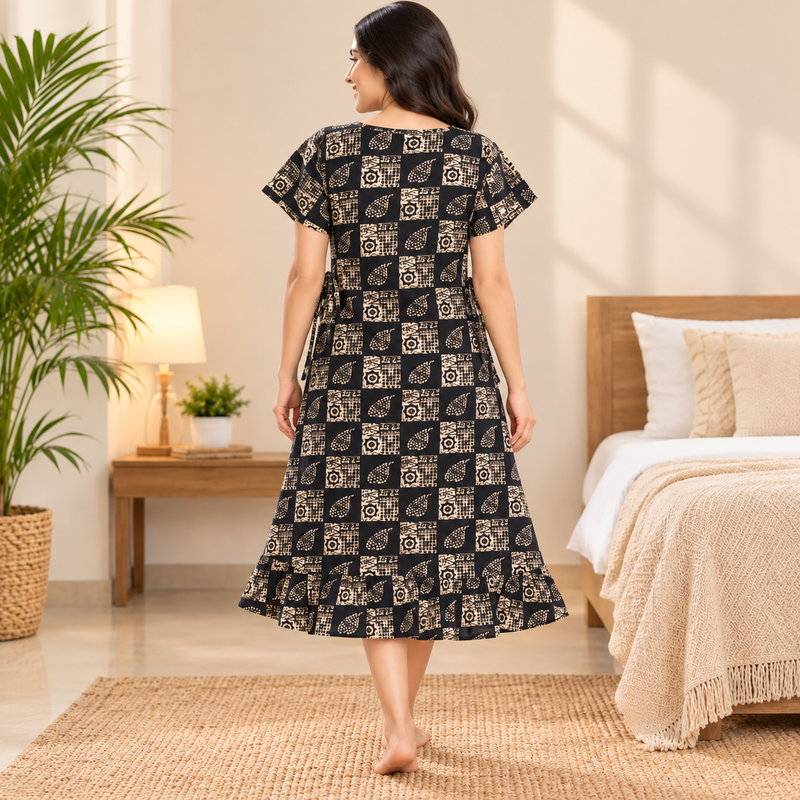 Luxmi Black & Beige Printed Cotton Frock Nighty for Women