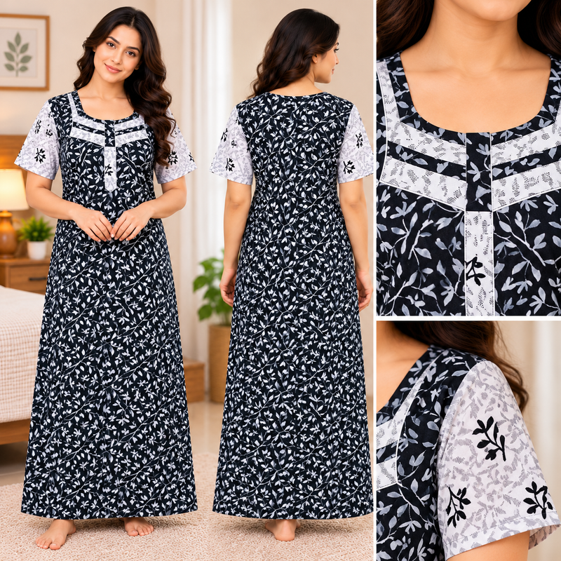 Beauty women's black cotton nighty with white leafy botanical print, contrast sleeves, front zip and one side pocket