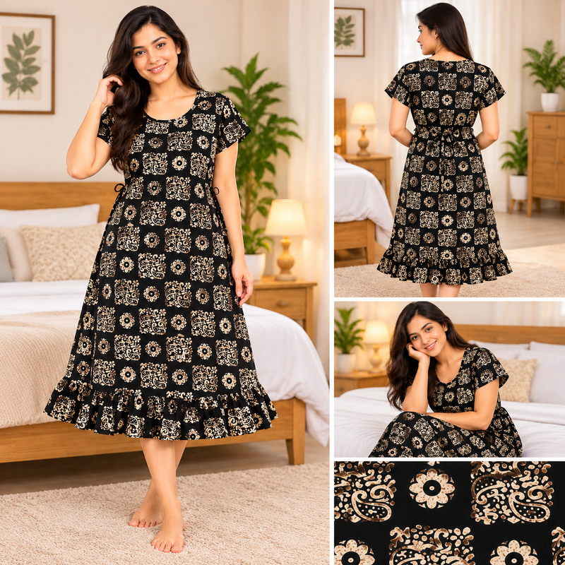 Luxmi Black Floral Printed Cotton Frock Nighty for Women