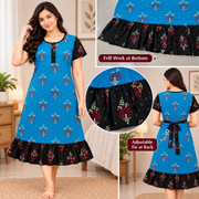 Women's blue floral cotton frock nighty with black contrast sleeves and printed frill hem