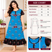 Women's blue floral cotton frock nighty with black contrast sleeves and printed frill hem-size chat
