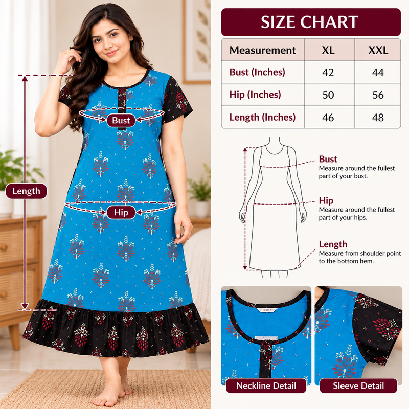 Women's blue floral cotton frock nighty with black contrast sleeves and printed frill hem-size chat