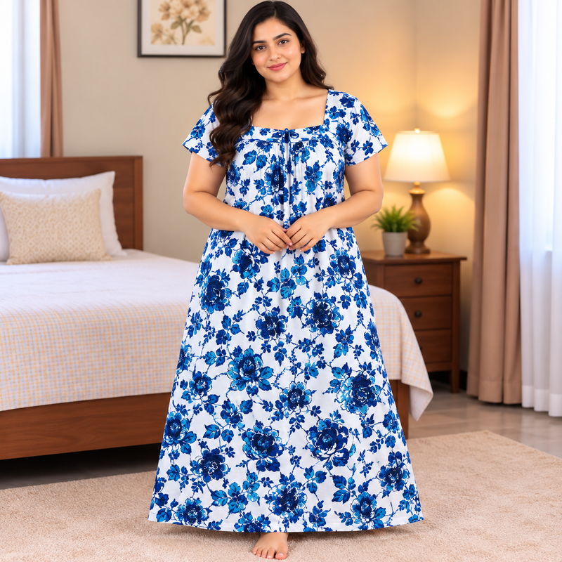 Luxmi 3XL Blue Floral Printed Women's Nighty with Titanic Neckline