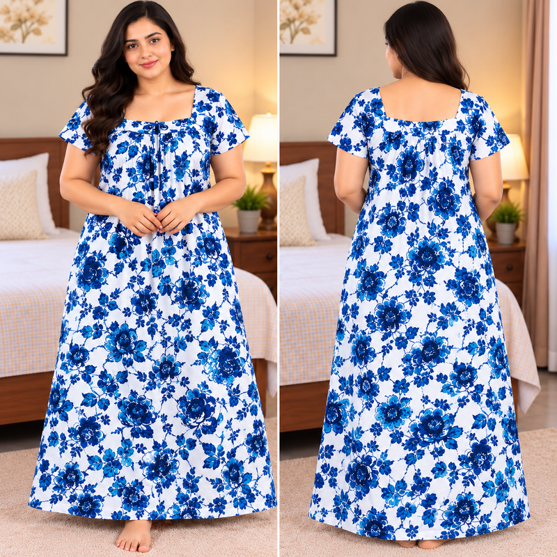 Luxmi 3XL Blue Floral Printed Women's Nighty with Titanic Neckline