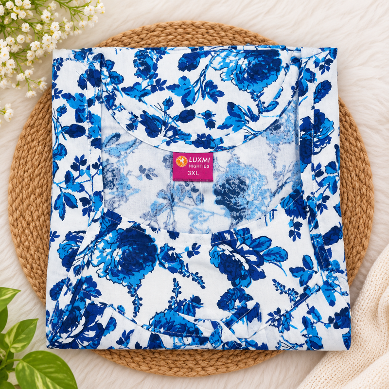 Luxmi 3XL Blue Floral Printed Women's Nighty with Titanic Neckline