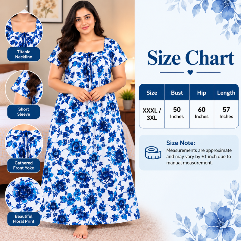 Luxmi 3XL Blue Floral Printed Women's Nighty with Titanic Neckline
