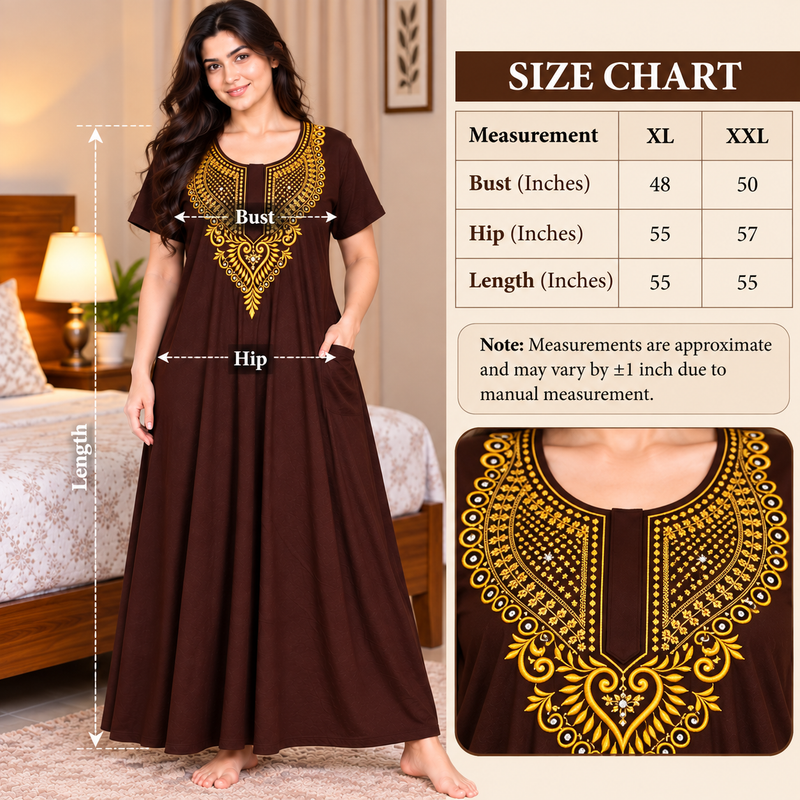 Women’s Chocolate Brown Nighty with Gold Embroidered Neckline