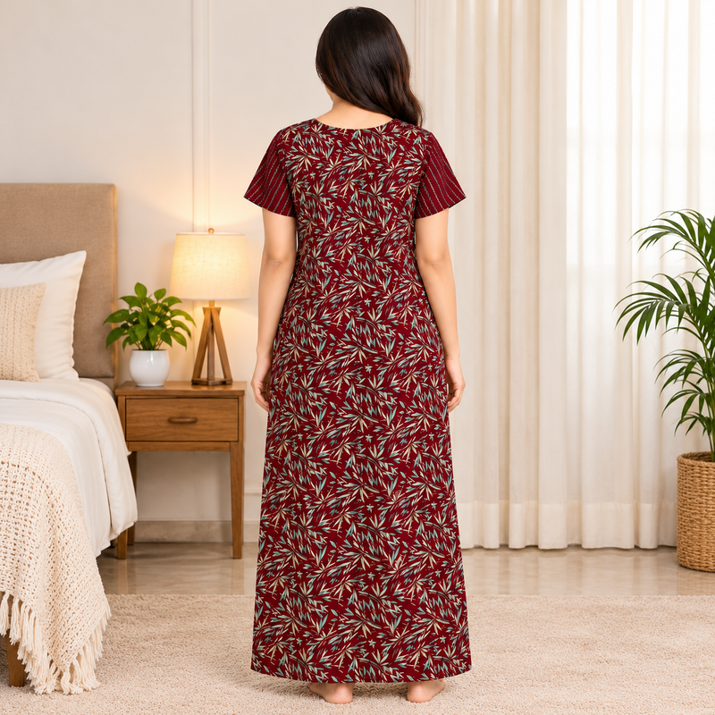 Pranjul 1813 Maroon Leaf-Print Nighty for Women