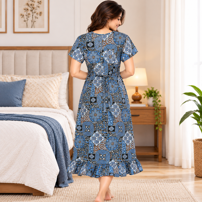Veni’s Women’s Cotton Printed Frock Nighty – Blue Multi Geometric Floral Print
