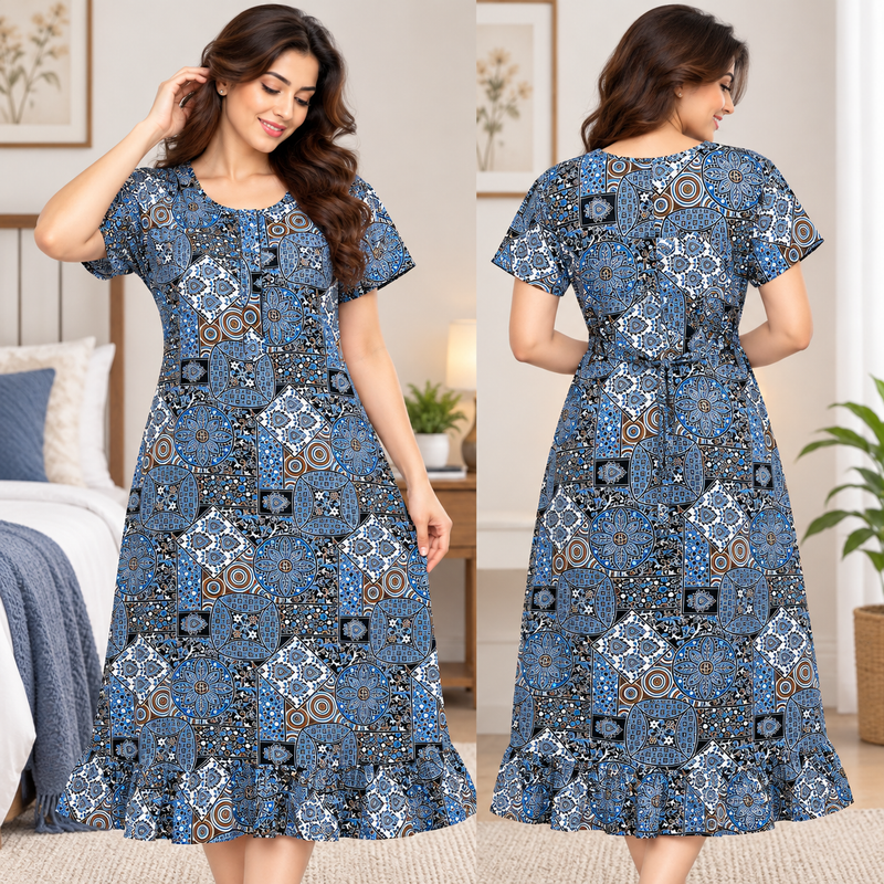 Veni’s Women’s Cotton Printed Frock Nighty – Blue Multi Geometric Floral Print