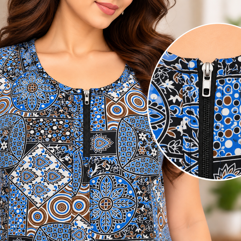 Veni’s Women’s Cotton Printed Frock Nighty – Blue Multi Geometric Floral Print