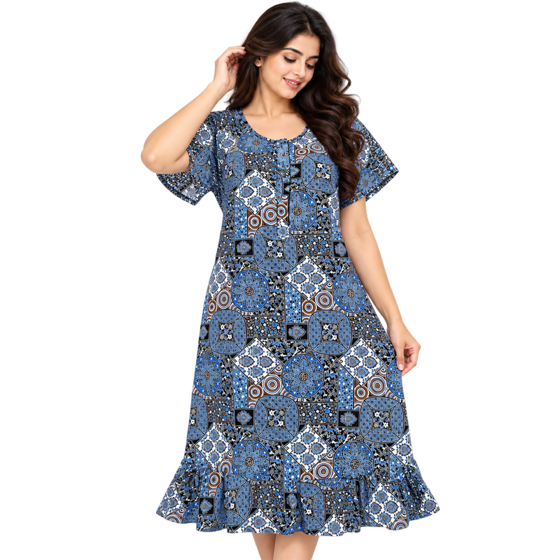 Veni’s Women’s Cotton Printed Frock Nighty – Blue Multi Geometric Floral Print