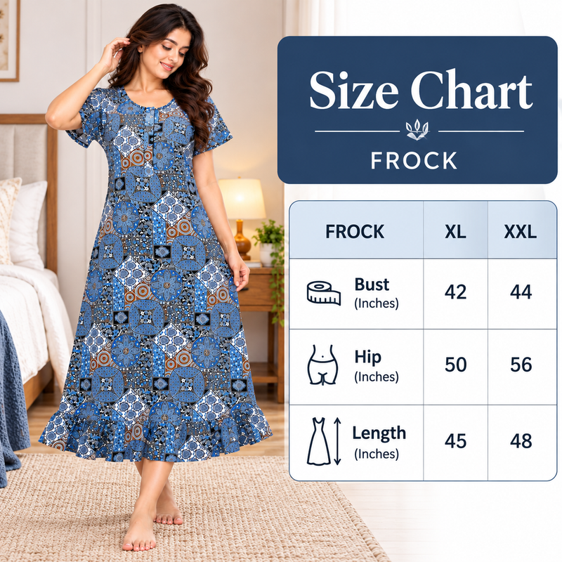 Veni’s Women’s Cotton Printed Frock Nighty – Blue Multi Geometric Floral Print